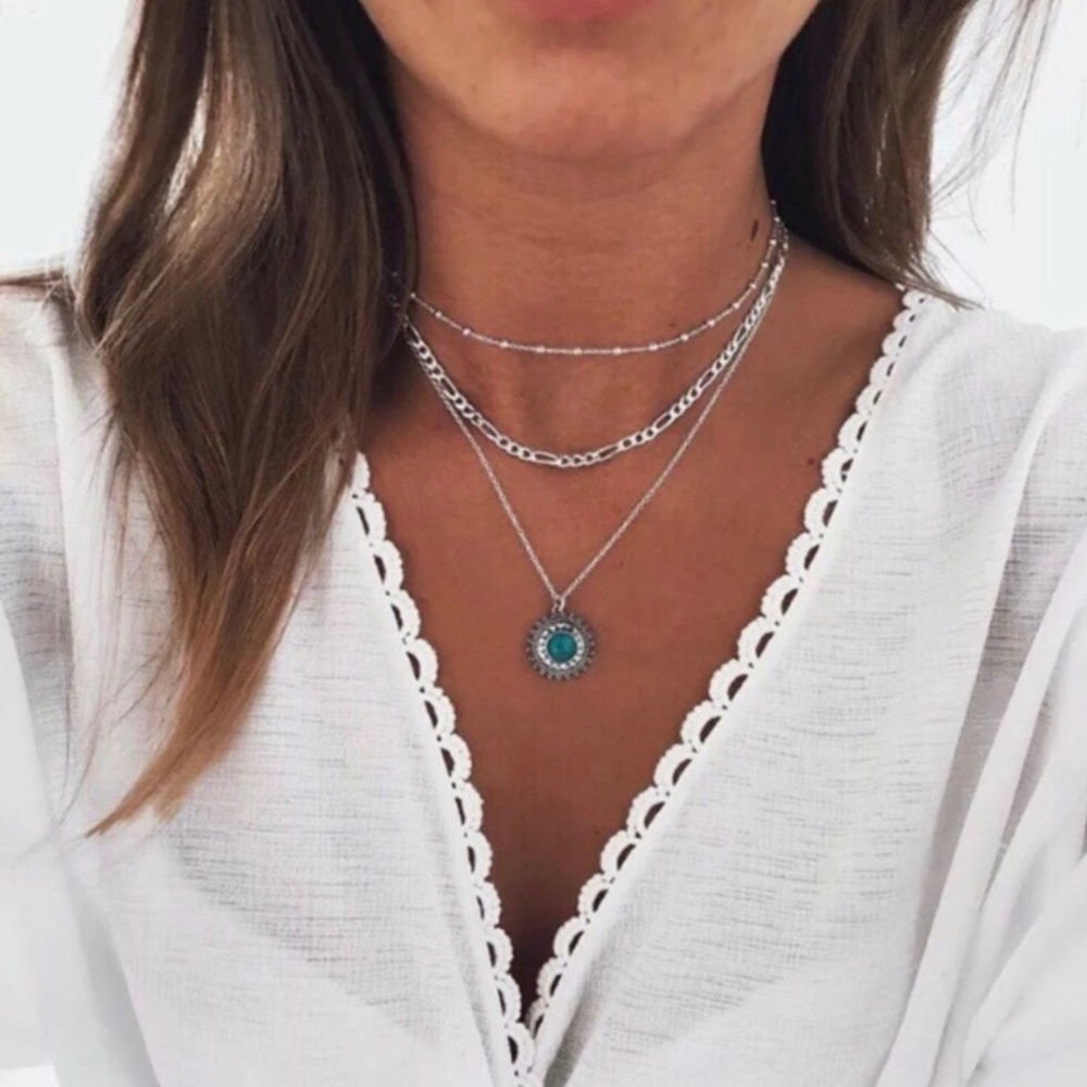 Boho Layered Silver & Turquoise Necklace